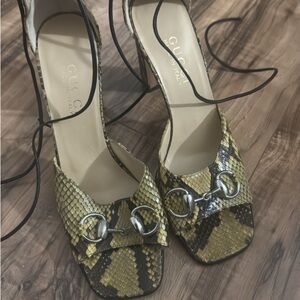 Gucci Yellow & Black Snakeskin Horsebit Lace-Up Heels